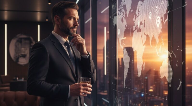 Directivo analizando un mapa mundial digital en un lounge privado al atardecer, representando la planeación estratégica de inversiones globales para 2026.
