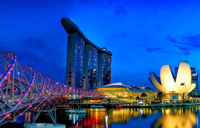 Panorámica nocturna de Singapur con el Helix Bridge y Marina Bay Sands, representando la arquitectura de la voluntad y el estilo de vida bleisure.