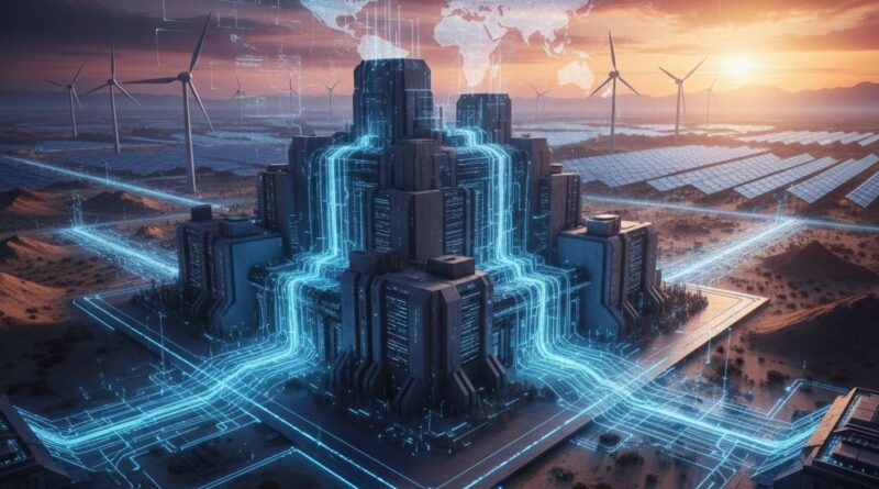 Complejo industrial de centros de datos masivos con flujos de energía azul, integrados con paneles solares y turbinas eólicas bajo un mapa digital global, representando el Efecto Stargate.