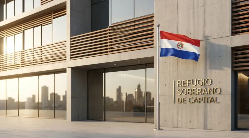 dificio corporativo moderno en Paraguay con arquitectura minimalista y reflejos al atardecer, representando el Grado de Inversión de Moody's y la seguridad para fondos de inversión.