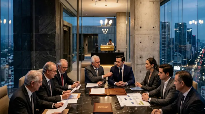 Reunión de consejo directivo en una sala moderna en las alturas con mesa de mármol negro, mostrando la discusión de un protocolo sucesorio y la gobernanza de una Family Office en Latinoamérica.