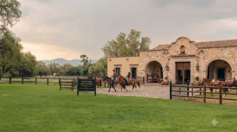ista exterior de la fachada de piedra de una hacienda colonial mexicana con jinetes a caballo y áreas verdes, ilustrando el estilo de vida de alta dirección y escapadas ecuestres de lujo.