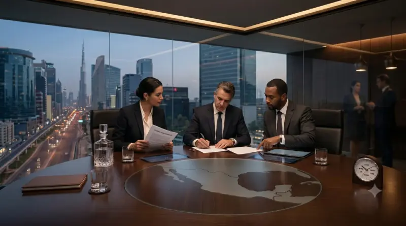 Mesa de consejo corporativo con directivos de alto nivel firmando un acuerdo estratégico frente a un ventanal limpio con vistas a un horizonte urbano nocturno.