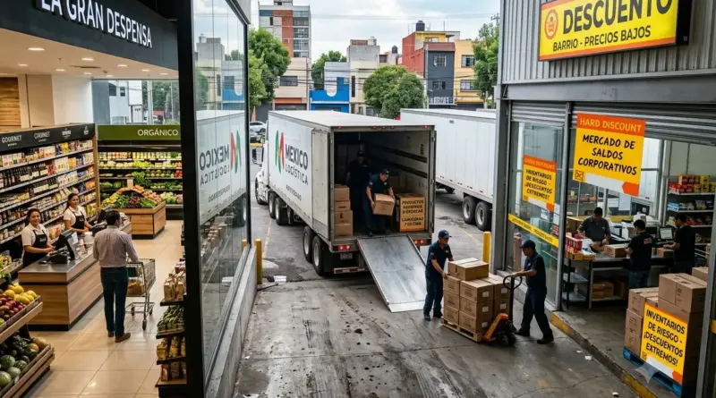 Logística de hard discount en México mostrando la descarga de tarimas con mercancía de riesgo e inventario de ciclo crítico frente a un supermercado tradicional.